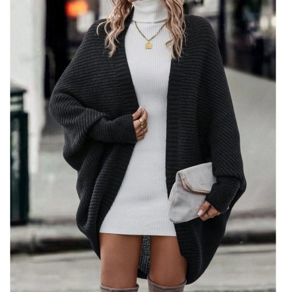 black Open Front Batwing Sleeve Duster sweater cardigan - Picture 4 of 7